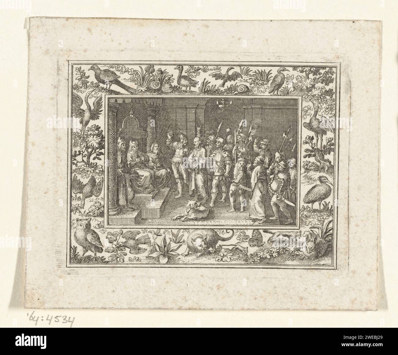 Passion show in the list of birds and snails, Anonymous, c. 1600 - c. 1699 print At the bottom is a cat that hunts a mouse, in addition a fox sneaks towards a rabbit. Germany (possibly) paper etching Stock Photo