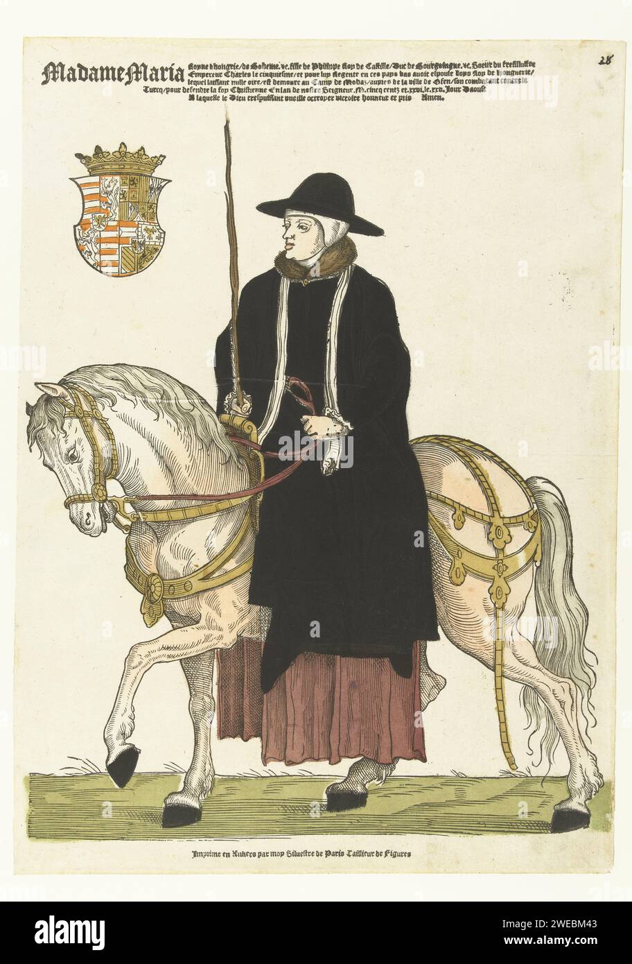 Portrait of Maria van Hungary on horseback, Cornelis Anthonisz. (Manner of), 1538 - 1553 print Maria van Hungary (1505-1558), younger sister of Charles V, Queen-Widow of Hungary, from 1531 to 1555 Regentes of the Netherlands. Her husband Louis II of Hungary died in the Battle of Mohacz against the Turks in 1526. The regent has been dressed in black since that year with the white widow hood. She is so repeatedly depicted in boste portraits. Here she is depicted as a rider in travel clothing on a stepping horse to the right. At the top left her weapon. Low Countriespublisher: Antwerp paper  eque Stock Photo