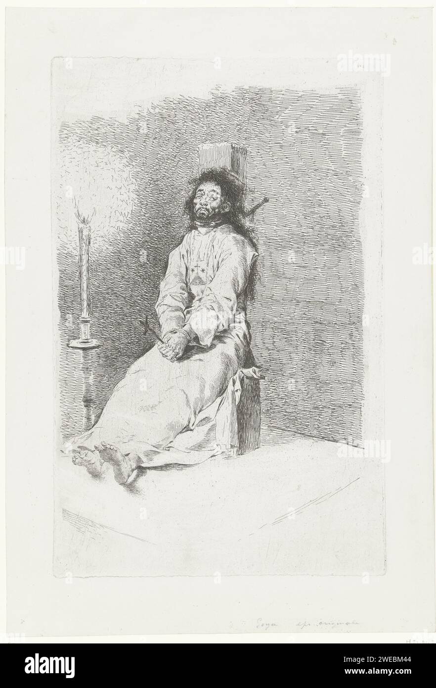 Executed to the strangle pole, Francisco de Goya, 1828 - 1832 print A man dressed in a habit of the unshoesed Carmelites, on the strangulation pole. He holds a crucifix in his hands. Spain paper etching violent death by strangling. instruments of torture, execution or punishment (with NAME) Stock Photo