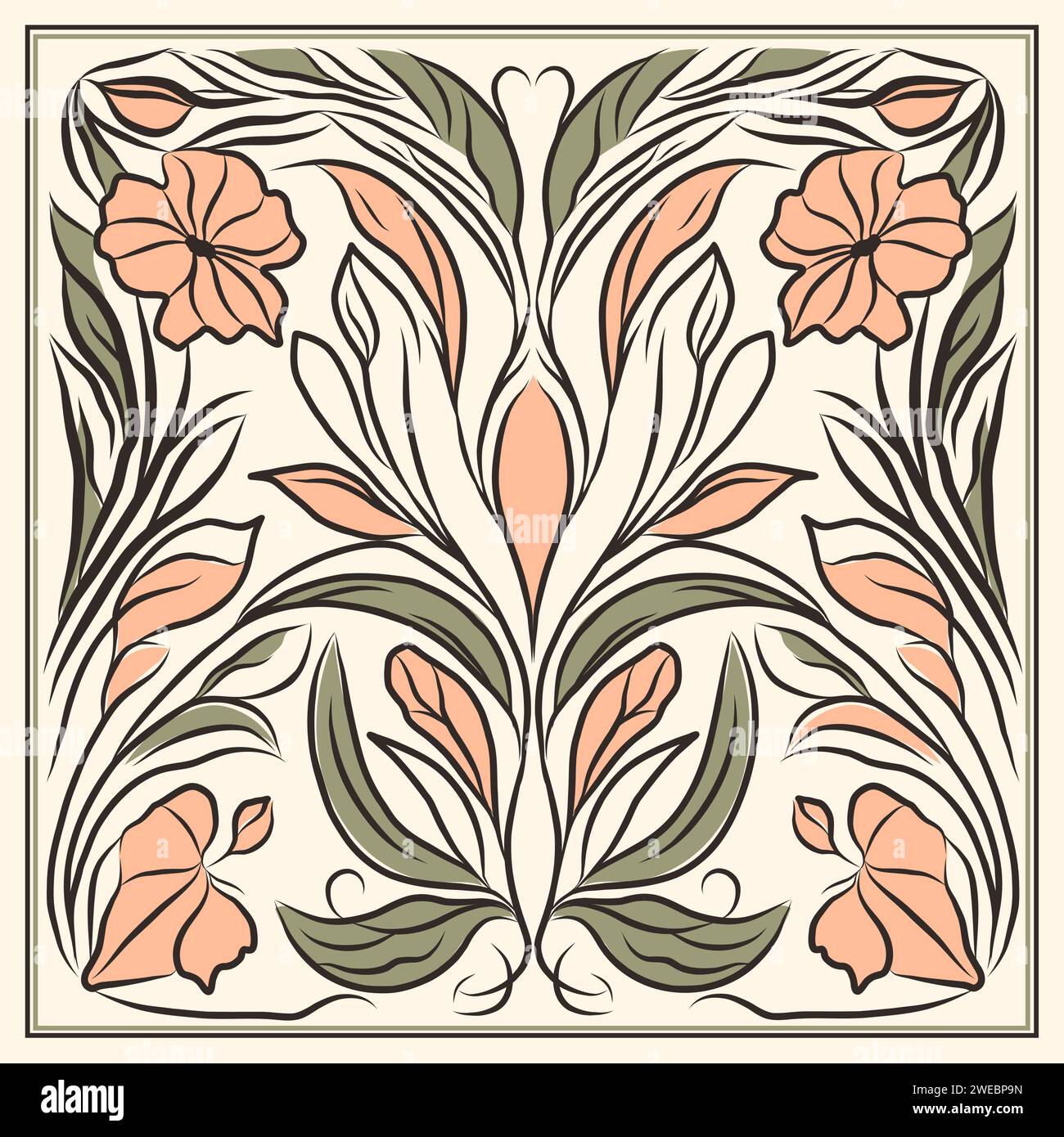 Hand drawn floral art nouveau decoration. Vector square design in color of the year. Stock Vector