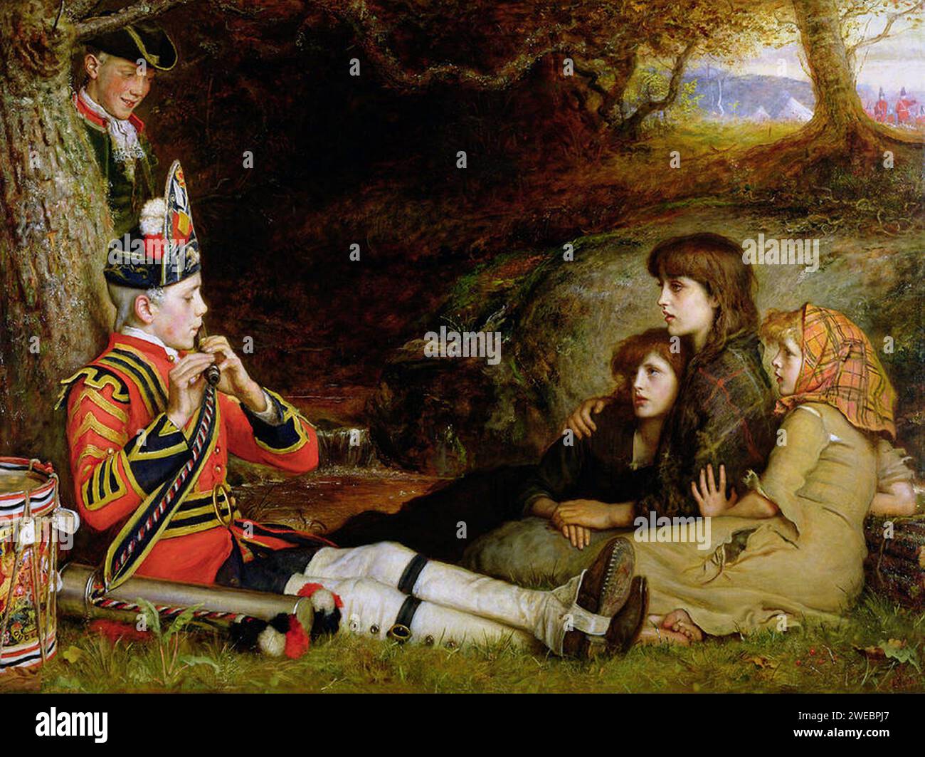 An Idyll of 1745. The three female artists models on the right were the sisters Lily Pettigrew, Hetty Pettigrew and Rose Pettigrew. Painting by John Everett Millais Stock Photo