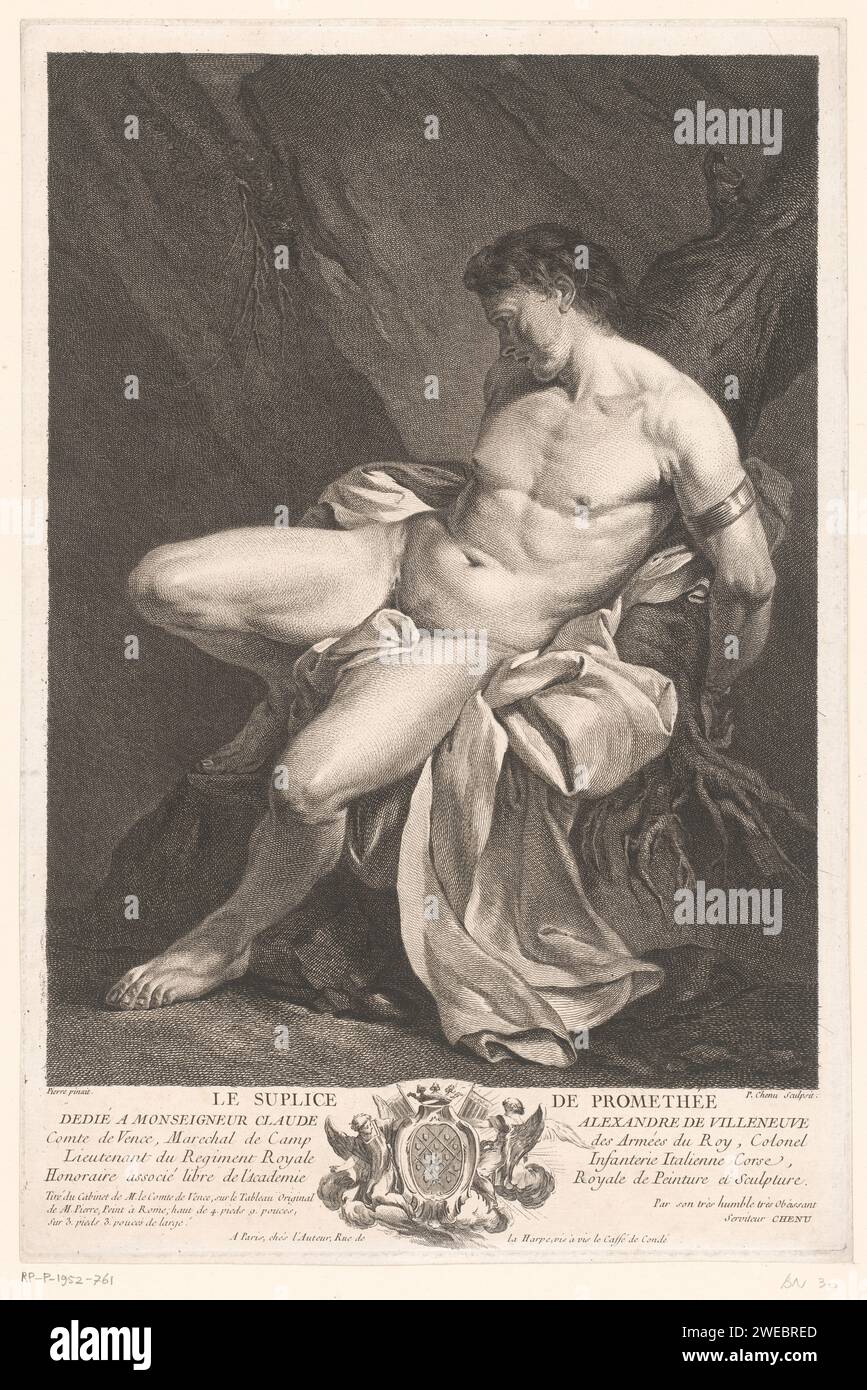 Prometheus chained, Pierre Chenu, 1728 - 1760 print  print maker: Franceafter painting by: Romepublisher: ParisFranceFrance paper etching / engraving punishment of Prometheus; he is chained to a rock, usually by Vulcan and/or Mercury Stock Photo