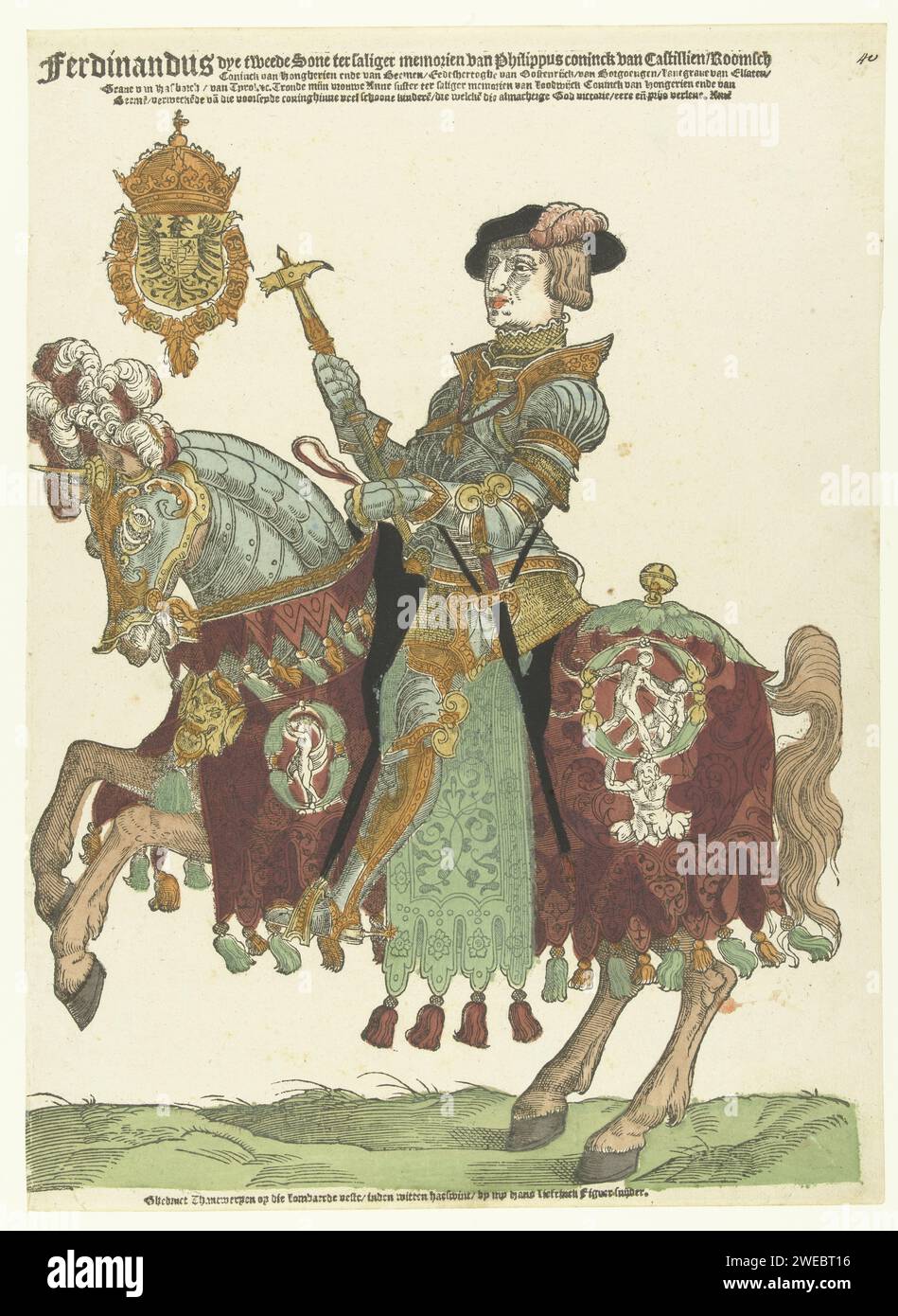 Portrait of Ferdinand I of Austria on horseback, Cornelis Anthonisz. (manner or), c. 1538 - Before 1542 print Ferdinand I of Austria (1503-1564), at the age of about 35. He was the second son of Philip de Schone and some brother of Karel V, chosen as Roman Koning in 1531, and married since 1521 to Anna van Austria (1503-1547). Displayed in Maliënkolder on galloping horse. He is standing upright in the stirrups, as the knights were depicted in the time of Dürer. At the top left the coat of arms of the Roman Squeeze with the Order of the Golden Fleece. Low Countriespublisher: Antwerp paper  hist Stock Photo