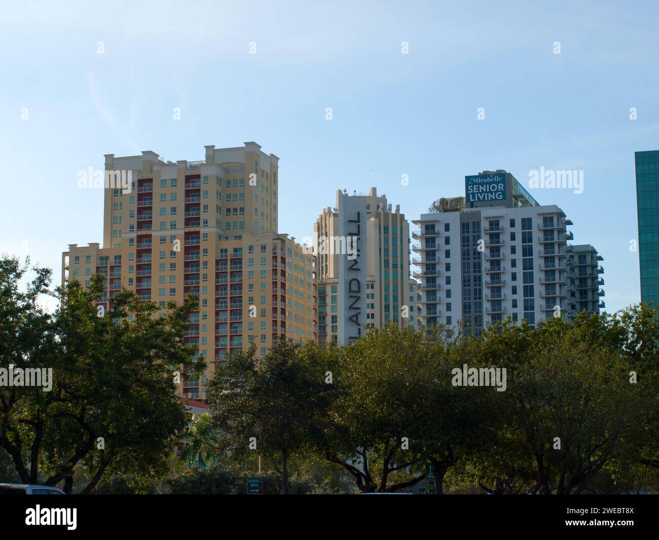 Miami, Florida, United States - December 5, 2023: High rise buildings in Downtown Kendall across the Dadeland Mall. Wide shot. Stock Photo