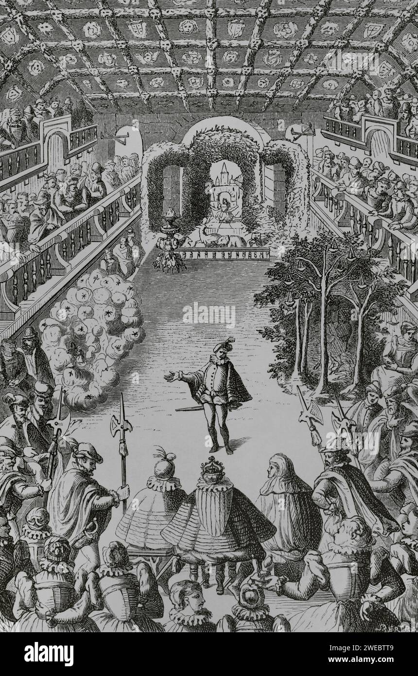 France, Paris. Performance of a court spectacle before King Henri III (1551-1589) and his court, in the gallery of the Louvre, on October 15, 1581. First scene of the 'Ballet Comique de la Royne'. On the occasion of the wedding of the Duke of Joyeuse to Marguerite de Lorraine, the king's sister-in-law, the Queen Mother Catherine de' Medici arranged for a lavish performance, directed by the choreographer Balthazar de Beaujoyeulx (ca. 1535 - ca. 1587). Facsimile of an engraving published in Paris in 1582. 'Moeurs, usages et costumes au moyen-âge et à l'époque de la Renaissance', By Paul Lacroix. Stock Photo