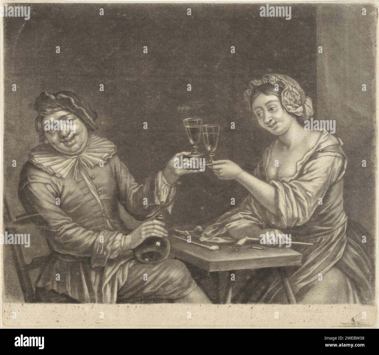 Cheers, Marcellus Laroon, 1663 1702 print A man and a woman sound