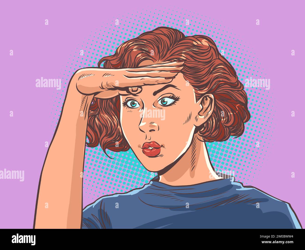 The girl looks into the distance. Hand gestures and facial expressions. Searching for interesting offers for buyers. Pop Art Retro Vector Illustration Stock Vector