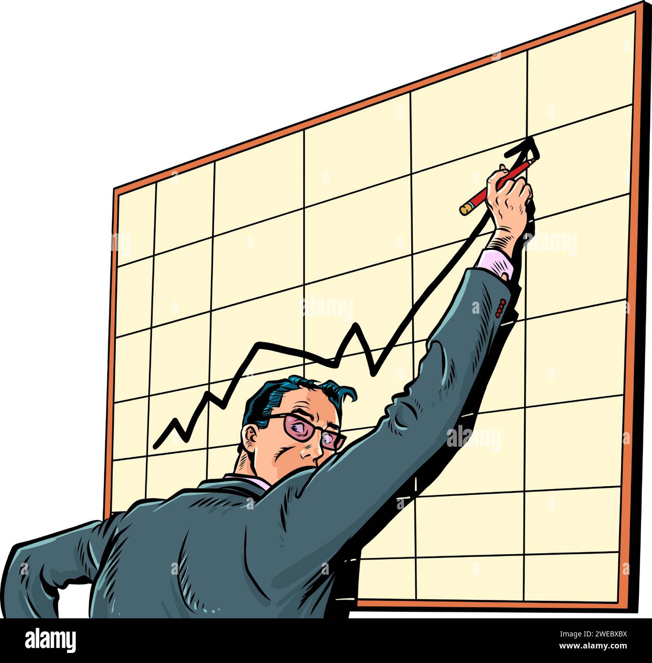 Growth of shares in the financial market. The employee's career moves up the career ladder. A man in a suit stands at a board with a chart. Pop Art Re Stock Vector