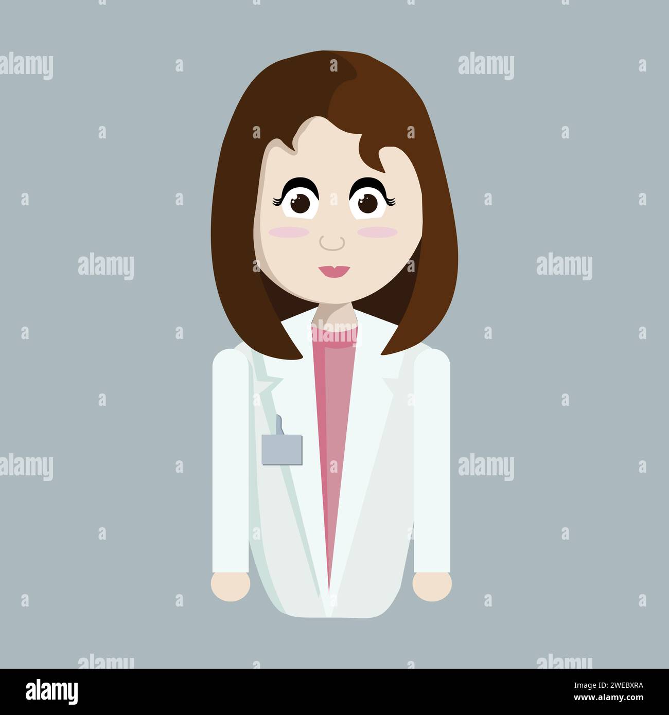 The doctor is a woman with dark brown hair and big eyes, with a nametag on her white coat and wearing a pink blouse. A waist-length figure. Vector Stock Vector
