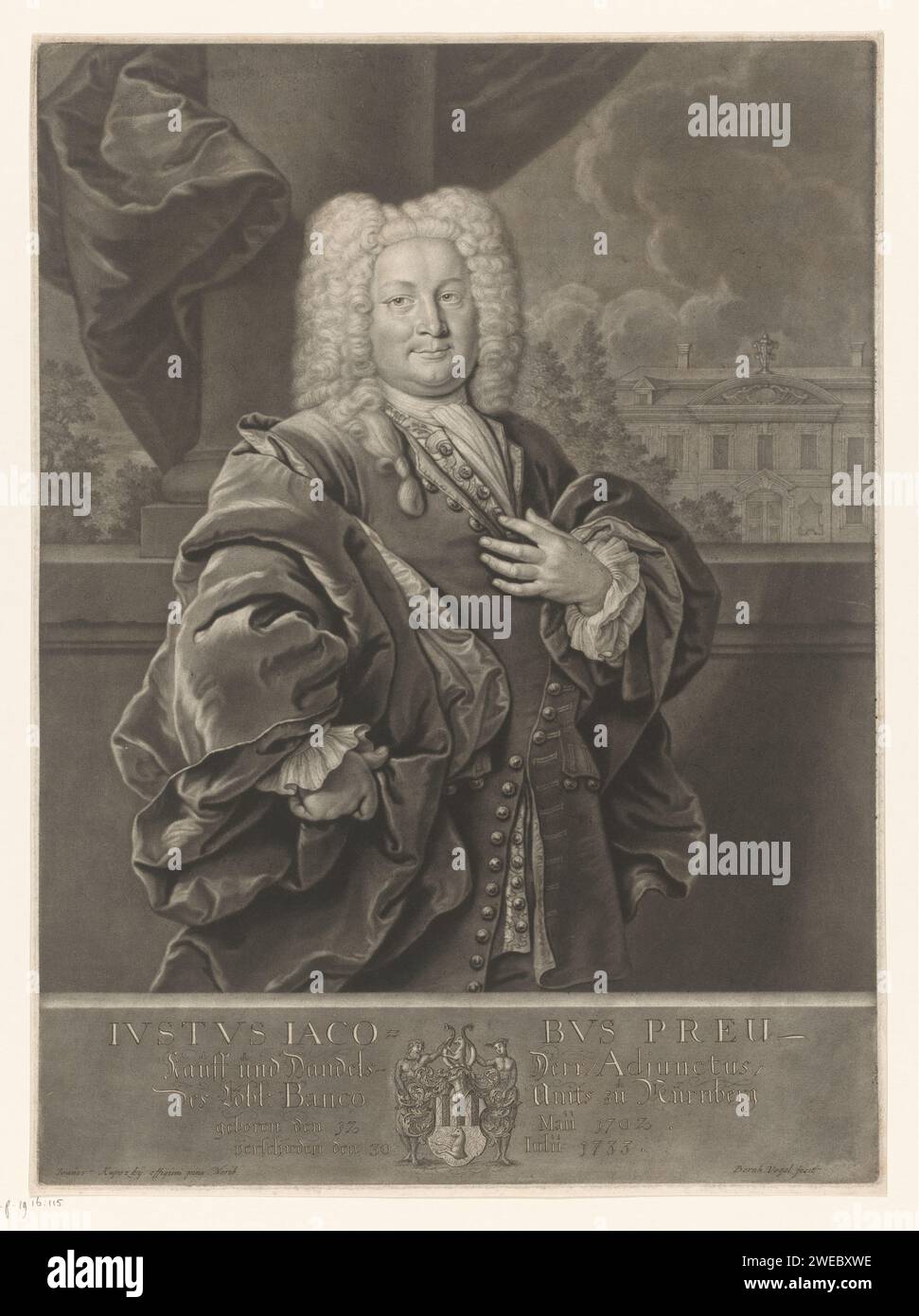 Portrait of Justus Jacob Preu, Bernhard Vogel, after Jan Kupecký, 1733 - 1737 print  Nuremberg paper  historical persons. armorial bearing, heraldry Stock Photo