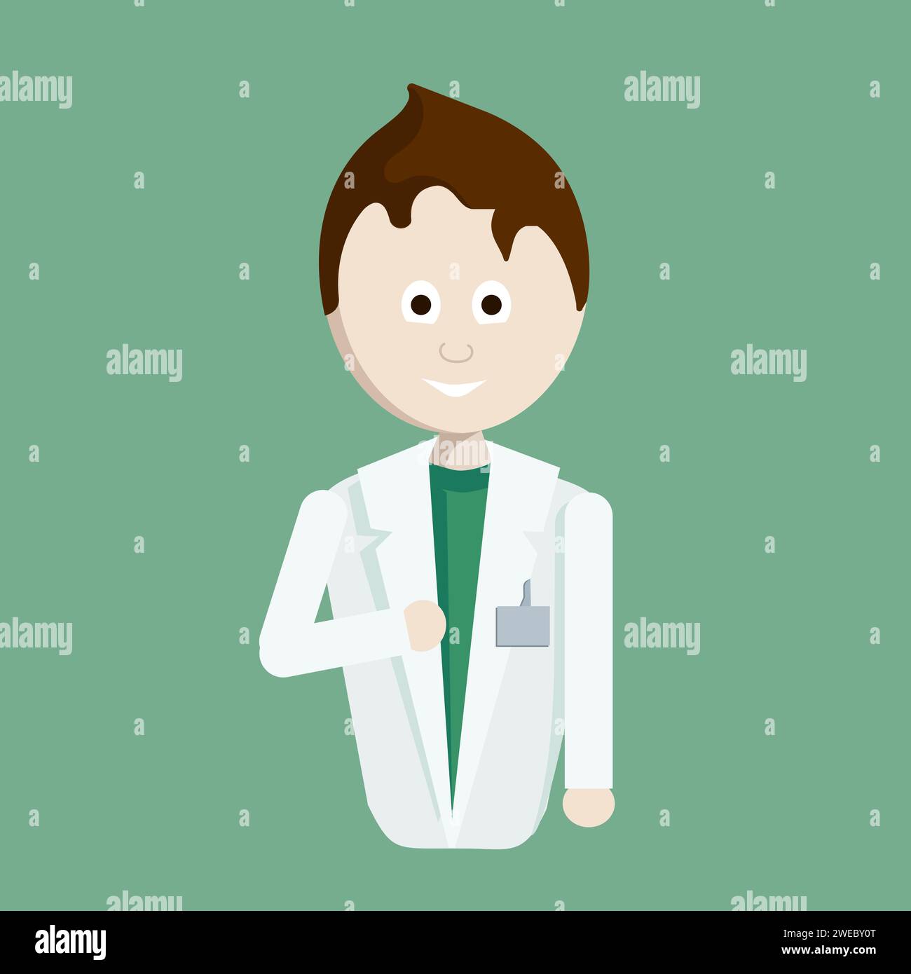 The doctor is a man with dark brown hair and big eyes, with a nametag on his white coat and wearing a green T-shirt. The figure is waist length. Stock Vector