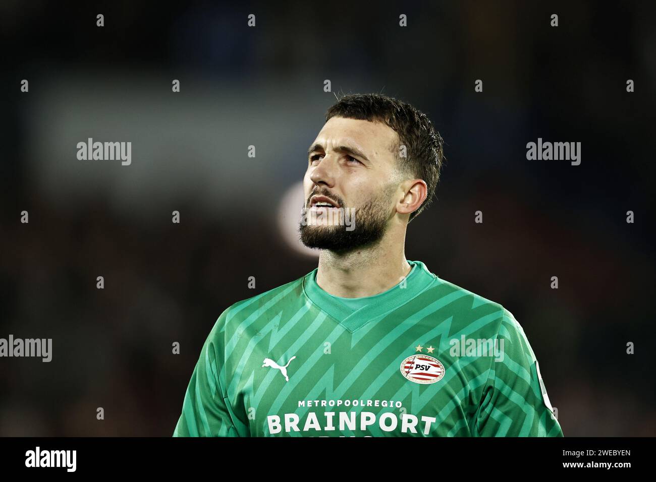 ROTTERDAM - PSV Eindhoven goalkeeper Joel Drommel is disappointed during the TOTO KNVB Cup match between Feyenoord and PSV at Feyenoord Stadium de Kuip on January 24, 2024 in Rotterdam, Netherlands. ANP MAURICE VAN STEEN Stock Photo