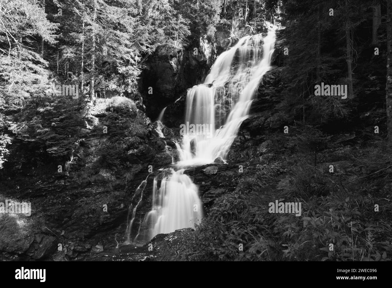 Riesach waterfall in Untertal Valley, Rohrmoos-Untertal in Schladminger Alps, Austria. Black and white photography. Stock Photo