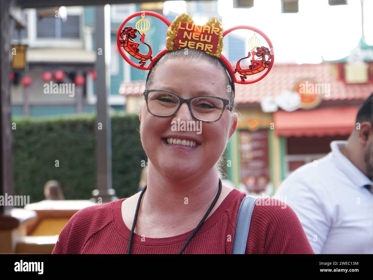 Anaheim, USA. 24th Jan, 2024. A visitor wearing a Lunar New Year ear