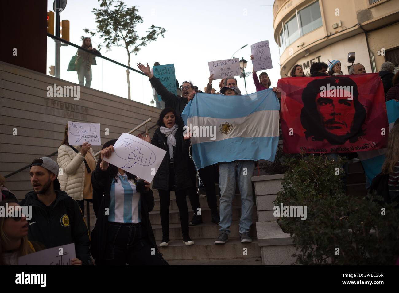 Malaga, Spain. 24th Jan, 2024. A group of protesters hold placards and flags in support of Argentina as they take part in a protest against the politics of Argentine President Javier Milei. Argentinian residents in Malaga have joined a worldwide protest against the economic measures taken by the Argentinian government, led by Javier Milei. Argentina's main trade unions have called a general strike in the country to protest against the government's austerity measures. Credit: SOPA Images Limited/Alamy Live News Stock Photo