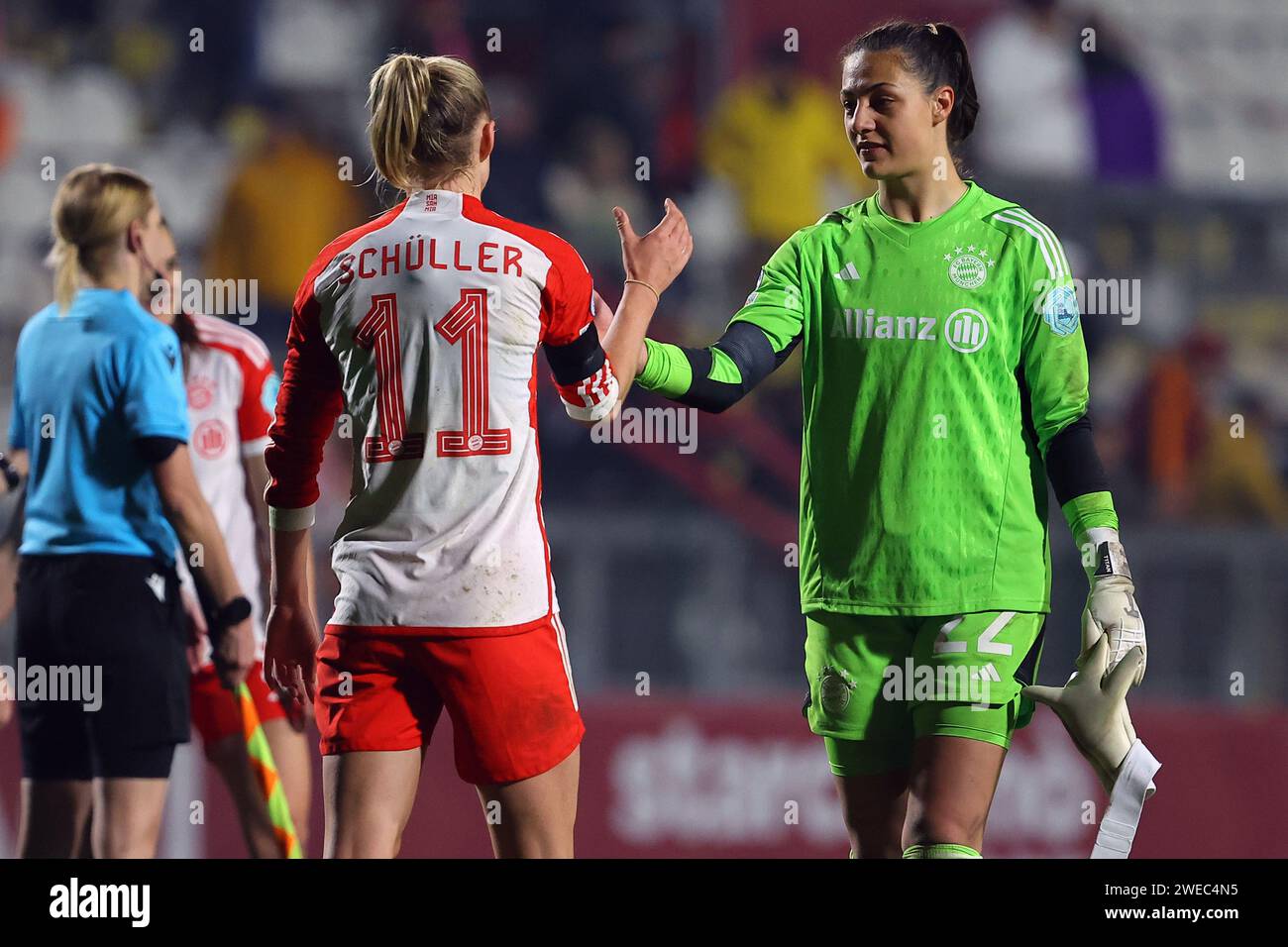 Rome, Italy. 24th Jan, 2024. Rome, Italy 24.01.2024: Lea Schuller of Bayern, Maria Luisa Grohs of Bayern at end of the UEFA Women's Champions League 2023-2024 football match, group stage C, between AS Roma vs FC Bayern Munchen at Tre fontane stadium in Rome. Credit: Independent Photo Agency/Alamy Live News Stock Photo