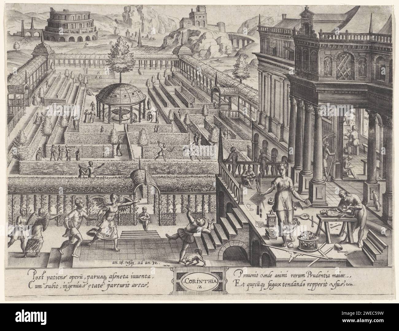 From 16 years old to the age of 32: the Corinthian Order, Johannes Wierix, after Hans Vredeman de Vries, 1577 print Walled inner garden with a maze, fountain and pergolas. Young people enjoy themselves in the maze. In the foreground, Engelen lead young men to a house where various arts are practiced. In the margin a four -line caption, in two columns, in Latin. Antwerp paper engraving Corinthian order  architecture. adult man. labyrinth, maze  garden. painting, drawing and the graphic arts Stock Photo