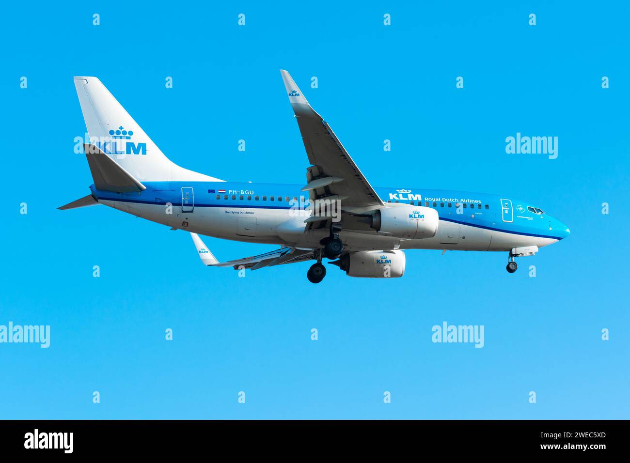 Boryspil, Ukraine - January 2, 2021: Airplane Boeing 737-700 of KLM Royal Dutch Airlines is landing at Boryspil International Airport Stock Photo