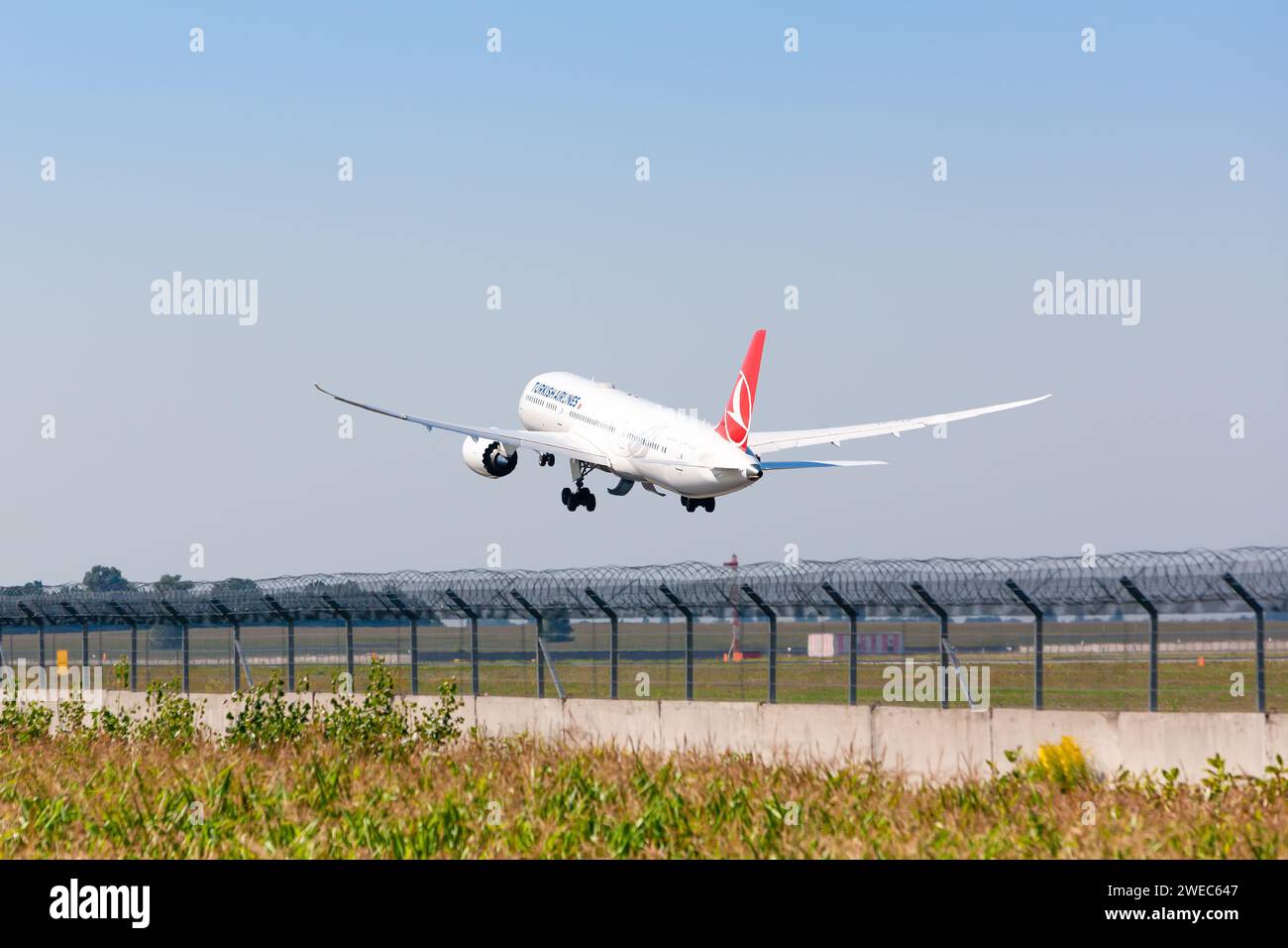 Boryspil, Ukraine - August 5, 2020: Airplane Boeing 787 Dreamliner of Turkish Airlines is taking-off from Boryspil International Airport Stock Photo