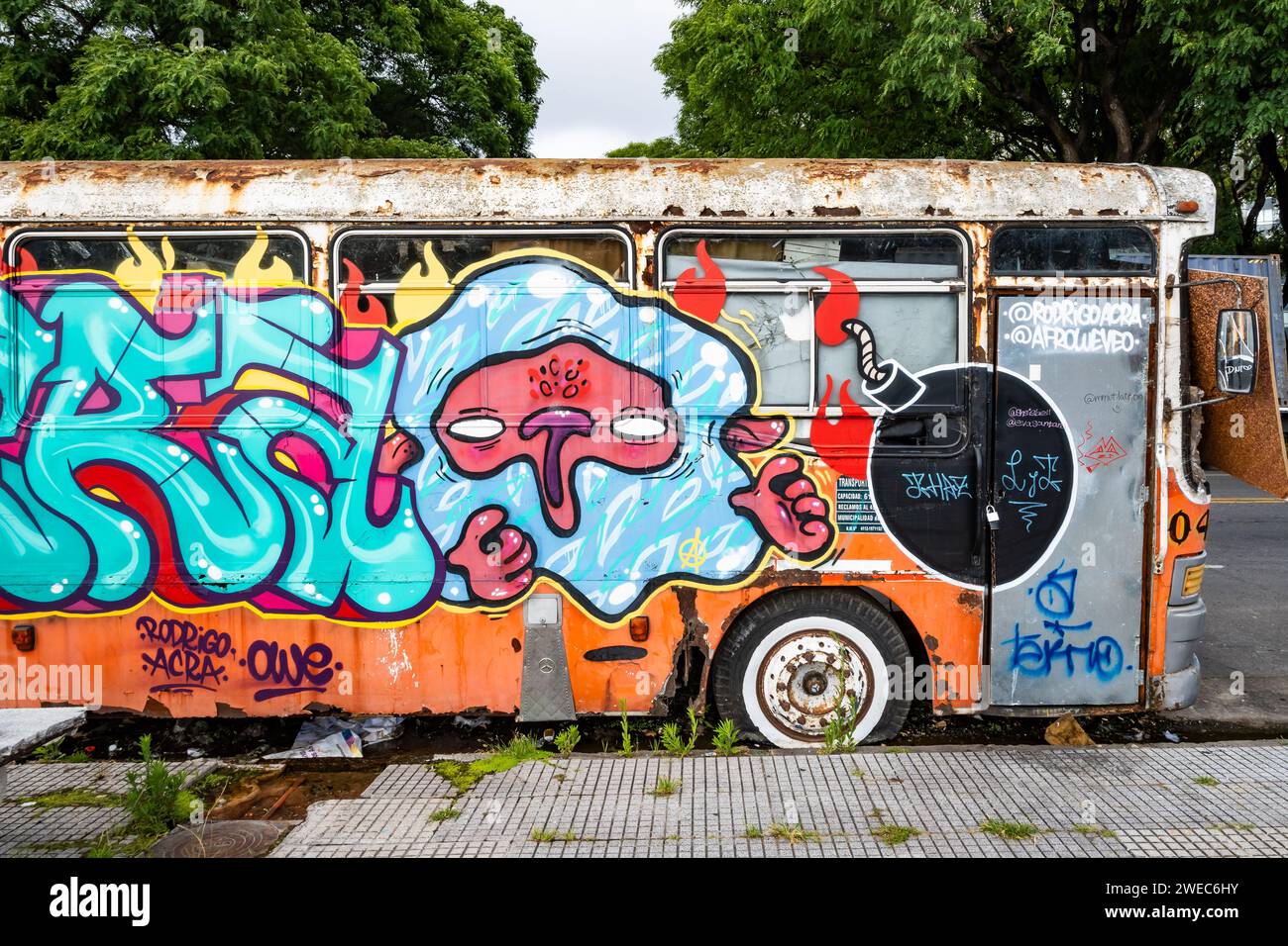 Graffiti on an abandoned bus. Buenos Aires, Argentina. Stock Photo