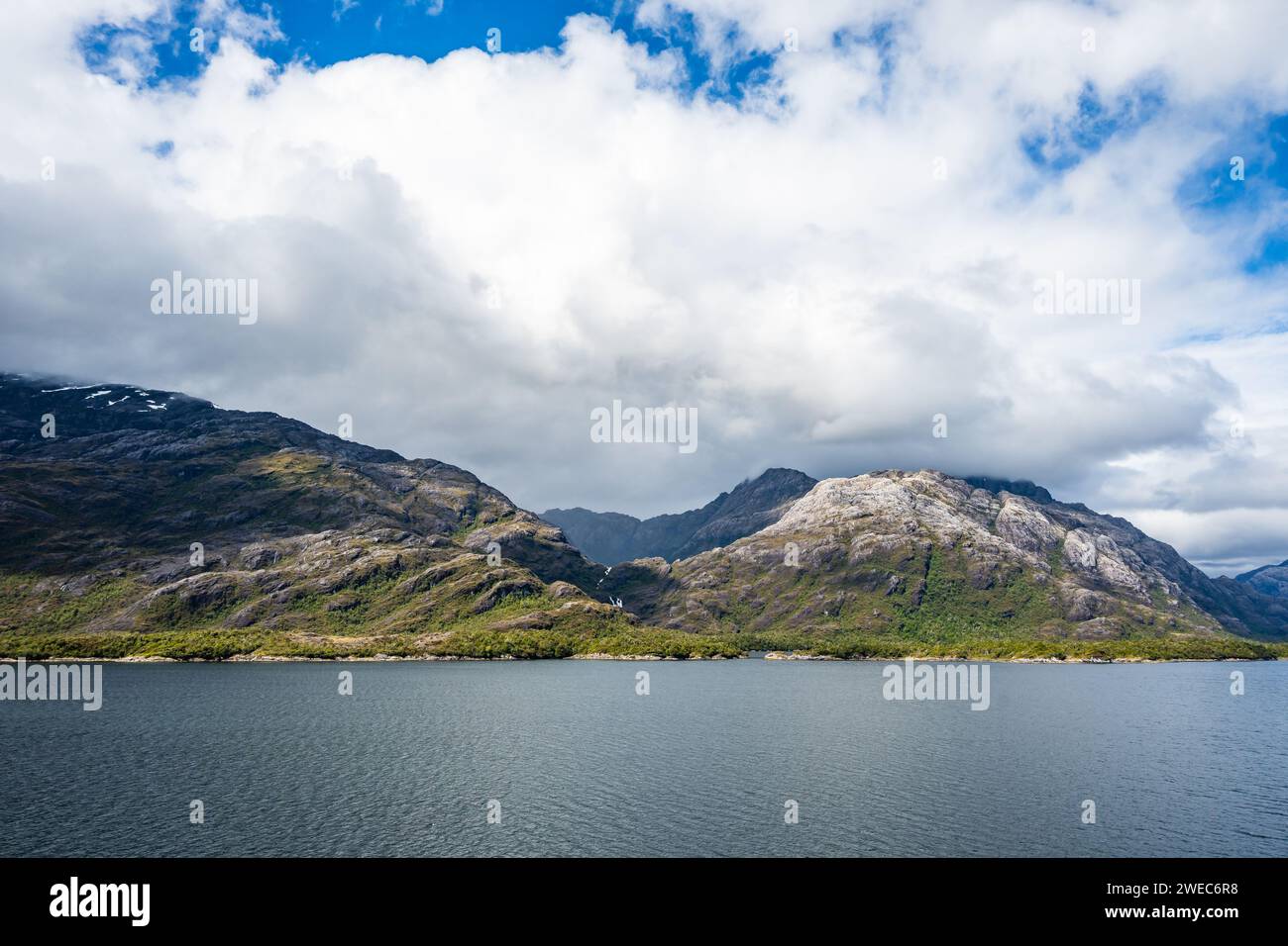 Landscape of fjords and mountains shaped by glaciers. Parque Nacional Bernardo O'Higgins, Chile, South America. Stock Photo