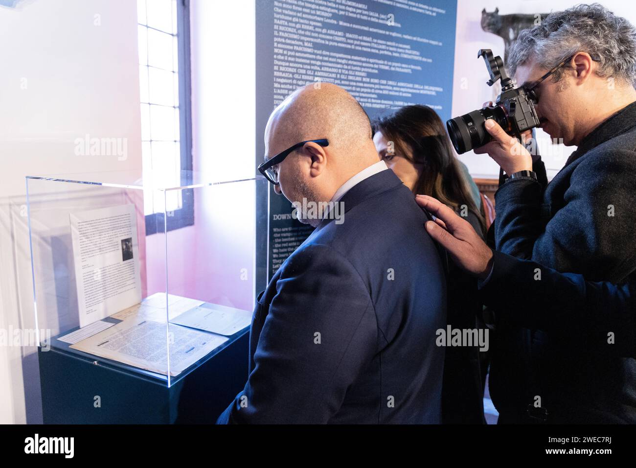 Rome, Italy. 24th Jan, 2024. The Minister of Culture Gennaro Sangiuliano visits the exhibition 'The words of hatred. The Roman Jews sold to the Nazis'' at the Shoah Museum Foundation in Rome (Credit Image: © Matteo Nardone/Pacific Press via ZUMA Press Wire) EDITORIAL USAGE ONLY! Not for Commercial USAGE! Stock Photo