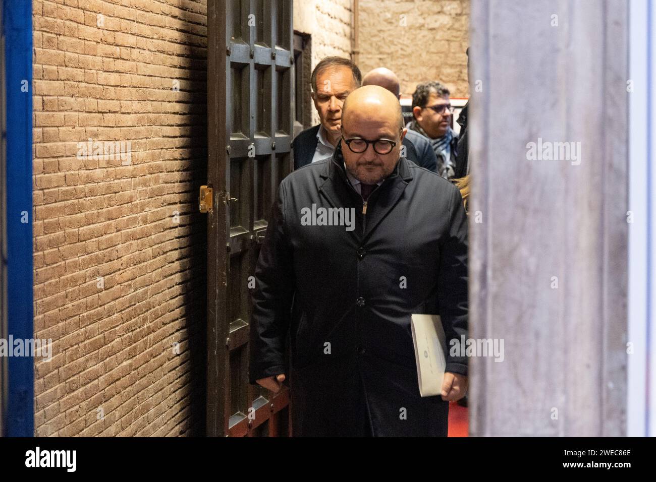 Rome, Italy. 24th Jan, 2024. The Minister of Culture Gennaro Sangiuliano visits the exhibition “The words of hatred. The Roman Jews sold to the Nazis” at the Shoah Museum Foundation in Rome (Photo by Matteo Nardone/Pacific Press/Sipa USA) Credit: Sipa USA/Alamy Live News Stock Photo