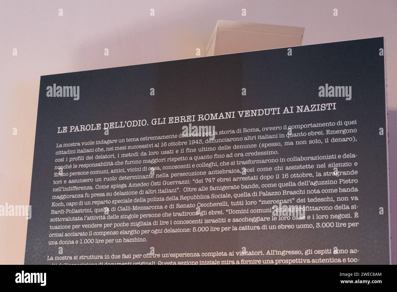 Rome, Italy. 24th Jan, 2024. The Minister of Culture Gennaro Sangiuliano visits the exhibition “The words of hatred. The Roman Jews sold to the Nazis” at the Shoah Museum Foundation in Rome (Photo by Matteo Nardone/Pacific Press/Sipa USA) Credit: Sipa USA/Alamy Live News Stock Photo