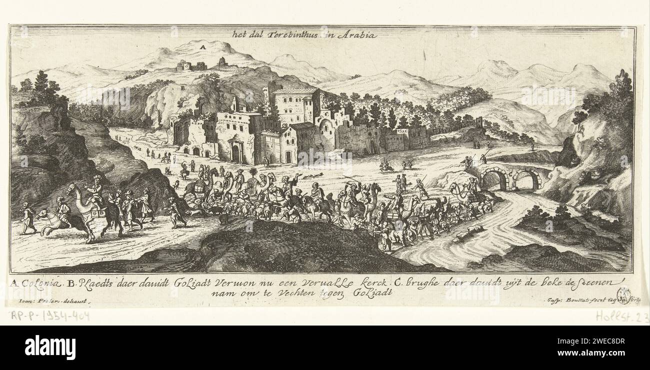 View of the valley of Elaah, Gaspar Bouttats, After Jan Peeters (I), 1672 print View of the Elah valley with a few places associated with the fight between David and Goliat (1 Samuel 17). A caravan passes through the valley. The print has a Dutch caption with references to the places on the print. Antwerp paper etching dale, valley. the armies of the Israelites and the Philistines stand facing each other in the valley of Elah  story of David and Goliath Dal van elai Stock Photo