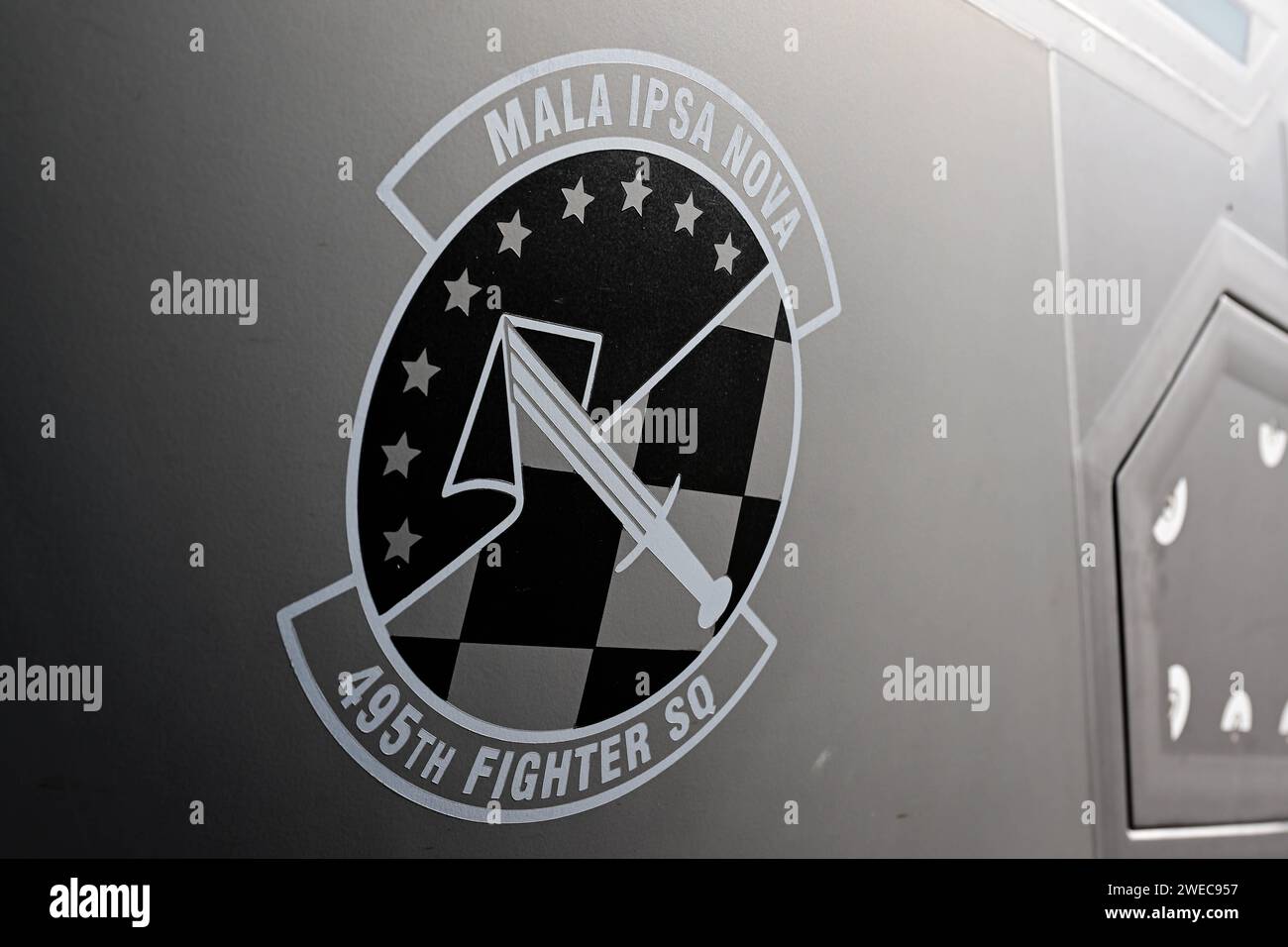 The 495th Fighter Squadron logo is displayed on the side of a U.S. Air Force F-35A Lightning II at Aviano Air Base, Italy, Jan. 16, 2024. Integration flying training is key to ensuring NATO objectives to enhance interoperability and increase our readiness and capabilities. (U.S. Air Force photo by Airman 1st Class Joseph Bartoszek) Stock Photo
