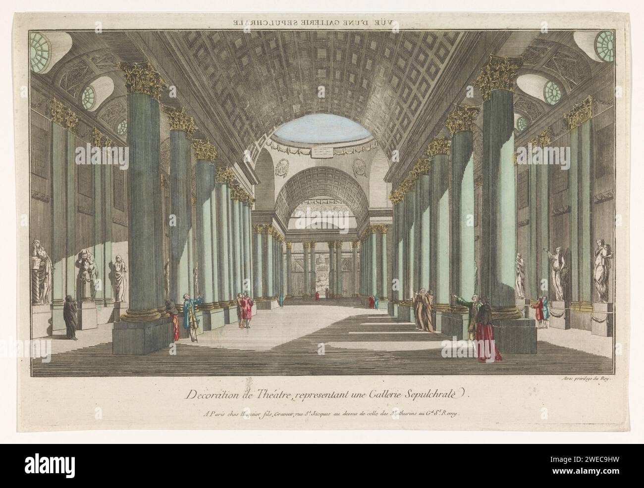 View of a gallery with sepulchral statues, Jacques Gabriel Huquier, 1735 - 1805 print  publisher: Parisprint maker: France paper. watercolor (paint) etching / brush gallery of sculptures. grave, tomb and other grave-forms and grave-markers Stock Photo