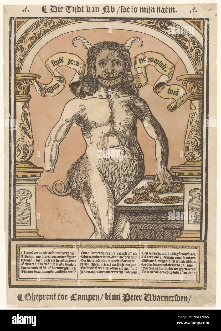 The Seven Call, Anonymous, 1540 - 1567 print Devil's figure, composed of body parts of different animals, as personification of the seven deadly sins. Standing in a niche. The Leeuwekop symbolizes the pride, the dragon eyes stand in front of the wrath, the lack of the right hand refers to the stinginess and the bottom of a boar is the unchaste. On either side of the head the text: Figura the Septe Peccatis Mortalibus. The way in which the sample was presented is partly back on a poem by Hans Sachs: 'Der Eygennutz, Das Grewlich Thier', 1535. Bottom in Dutch in three columns. print maker: Low Co Stock Photo
