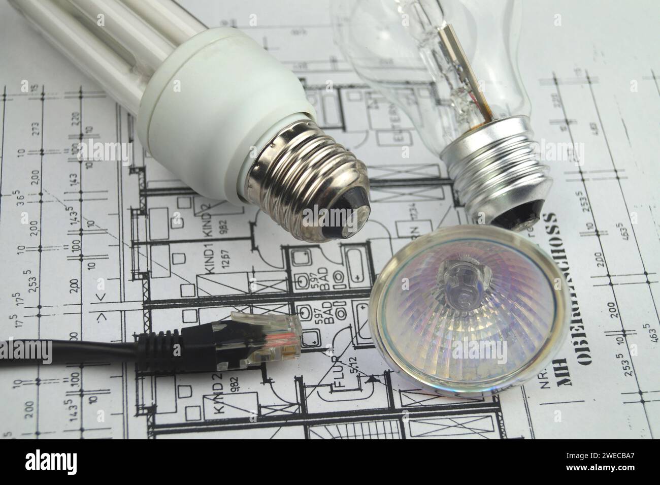 Network Lamp Network plug and lamps on construction drawing, symbolic image for ...