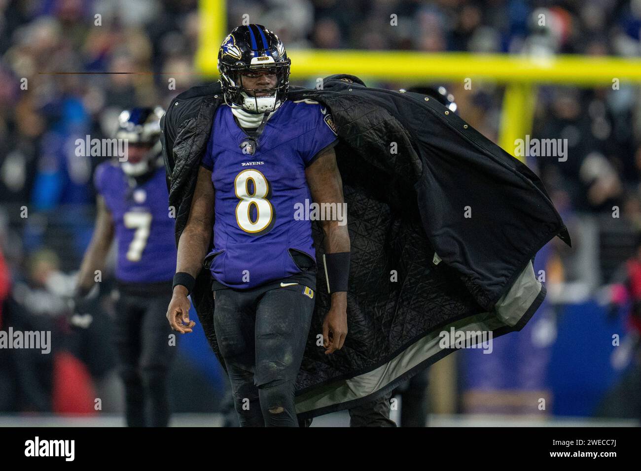 Baltimore Ravens quarterback Lamar Jackson gestures during an NFL
