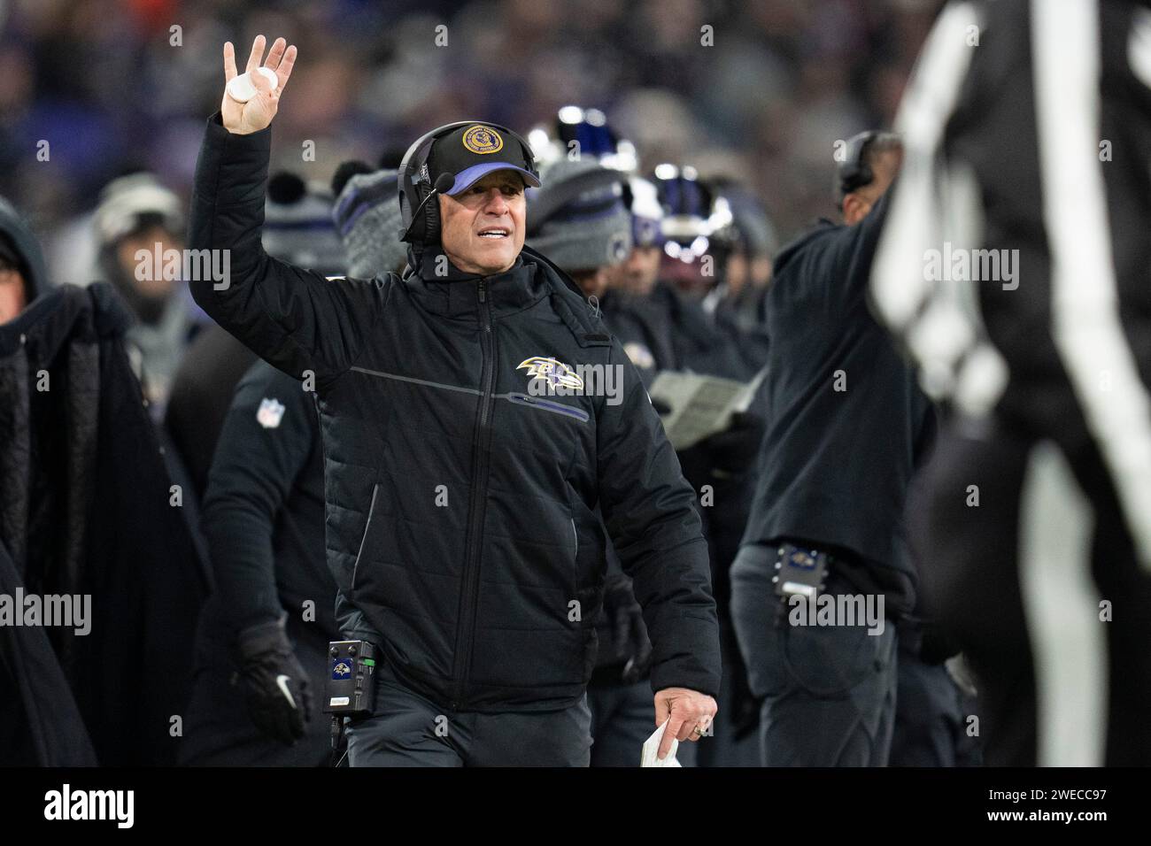 Baltimore Ravens head coach John Harbaugh reacts during an NFL football