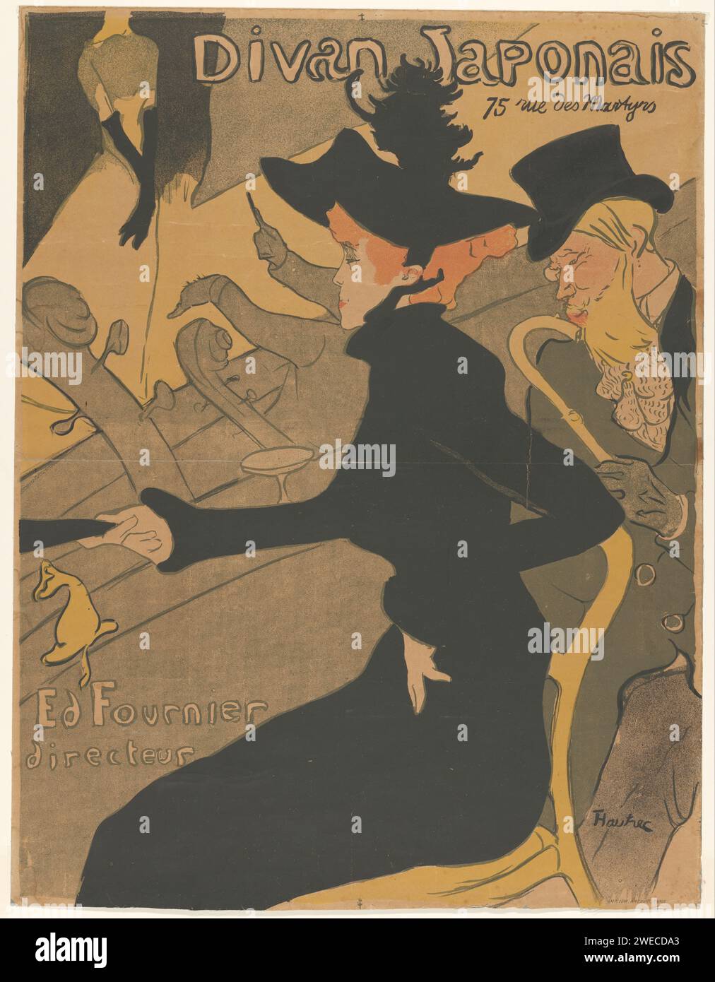 Woman and Man in the audience at a singing performance, Henri de Toulouse-Lautrec, 1893 poster. print Poster for promotion of the Parisian café Chantant Divan Japonais. The woman depicted is dancer Jane Avril, the man next to her is writer Édouard Dujardin, the woman on stage is singer Yvette Guilbert. Paris paper  musician(s) accompanying singer(s) Paris Stock Photo