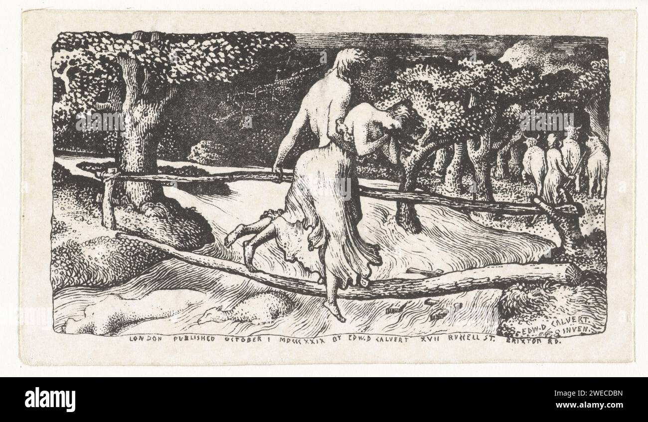 De flood, Edward Calvert, 1829 print A man and a desperate woman cross a wild flowing river. They walk over a bridge made of two tree trunks. A dead sheep and the body of a woman drive in the river. print maker: Englandpublisher: London paper  flood Scotland Stock Photo