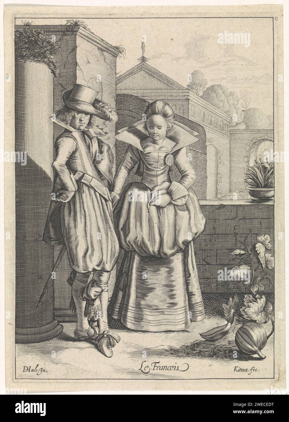 Elegant pair in French clothing, Cornelis van Kittensteyn, After Dirck Hals, 1615 - 1625  On a landing in front of a castle is an elegant pair in French fashion of approx. 1620. The top skirt of the woman is, very fashionable, half suspended. In front of them is a pumpkin plant with a pumpkin. The print is part of a series with six prints about costumes in Europe. Netherlands paper engraving clothes, costume (+ men's clothes). clothes, costume (+ women's clothes). folk costume, regional costume. Europeans (with NAME). plants and herbs. head-gear: hat (+ men's clothes). head-gear: hat (+ feathe Stock Photo