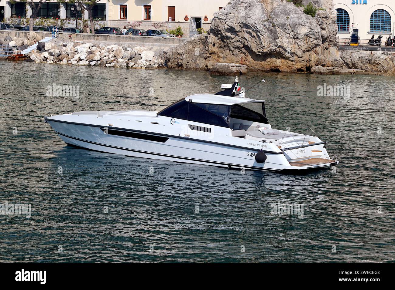 “Dieci” a 15metre Bluride Prestige Plus Italian Sports yacht capable of speeds over 30 knots, awaiting a berth at Amalfi, Italy, April 2023. Stock Photo