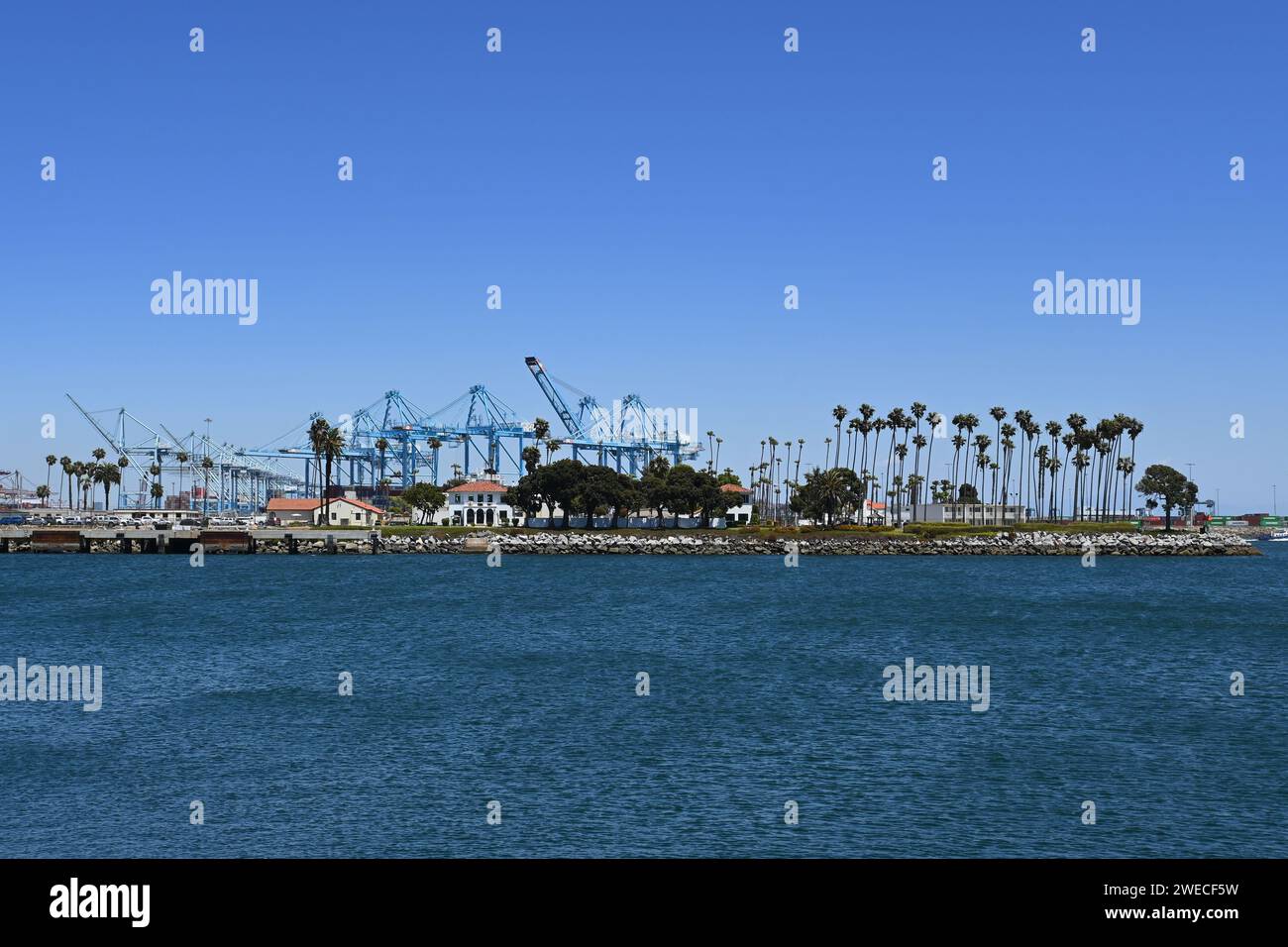 SAN PEDRO, CALIFORNIA - 11 MAY 2022: Reservation Point home to a US Coast Guard base and Federal Correctional Facility on the Los Angeles Main Channel Stock Photo