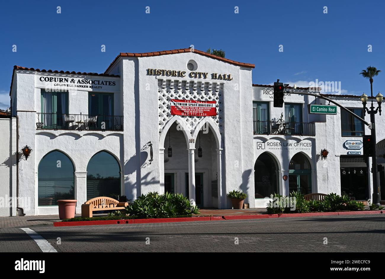 SAN CLEMENTE, CALIFORNIA - 1 JAN 2024: Historic City Hall, in Spanish-Moorish revival architecture, housed the City’s first bank, the Chamber of Comme Stock Photo