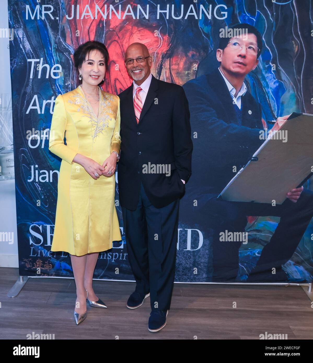 Arcadia, California, USA. 23rd January, 2024. MDSUN Celebrates Artist Jiannan Huang's Collaboration with Courvoisier's 2024 Lunar New Year Collection for Year of the Dragon at MDSUN headquarters in Arcadia, California. Credit: Sheri Determan Stock Photo