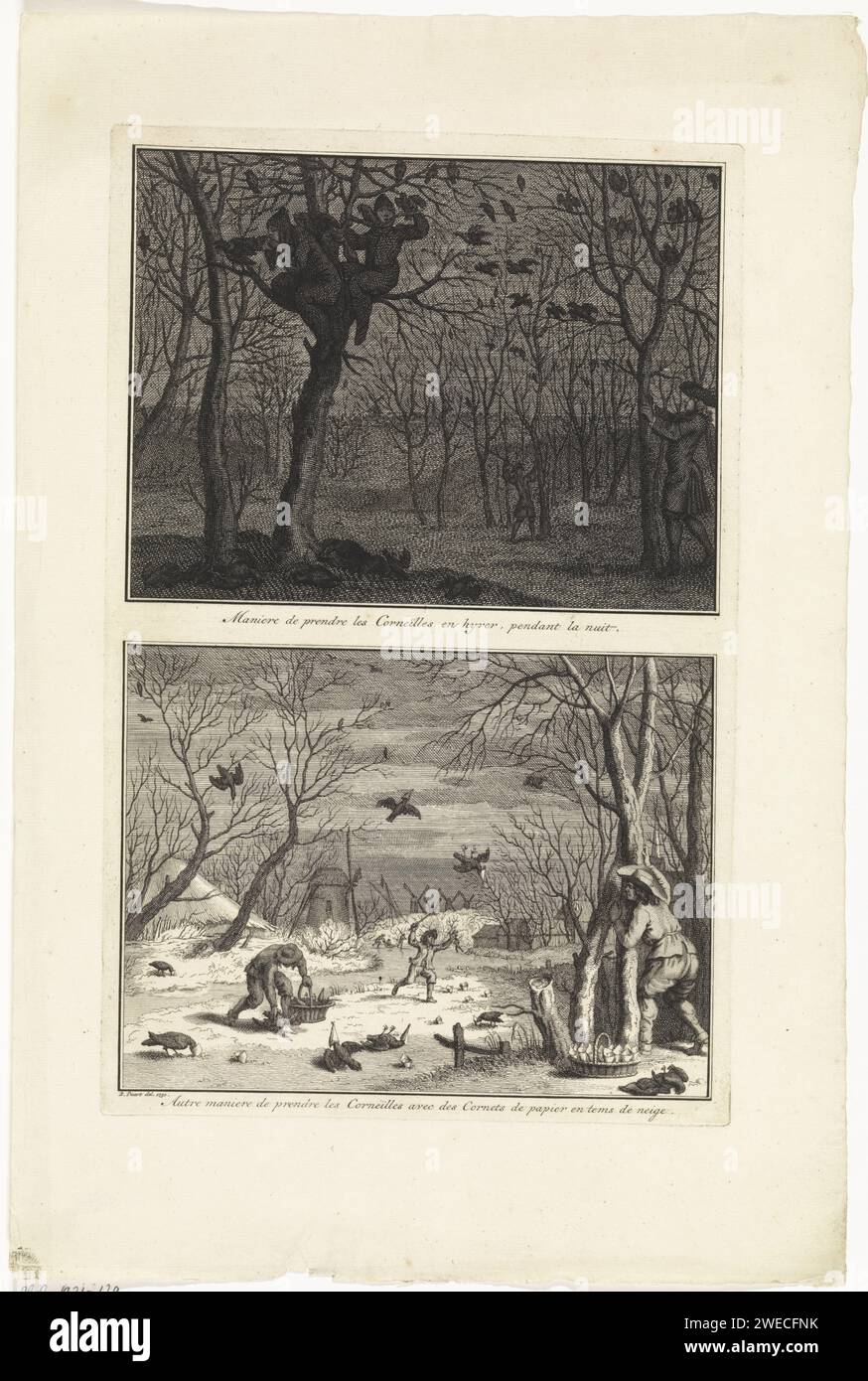 Ways to catch crows in winter, Bernard Picart (workshop or), After Bernard Picart, 1730 print Two performances on a leaf. Upstairs: Men in dark suits catch crows in the trees at night. Below: catching crows with papers's cones in the snow. Amsterdam paper etching bird hunting. finch trap, finchery. song-birds: crow Stock Photo