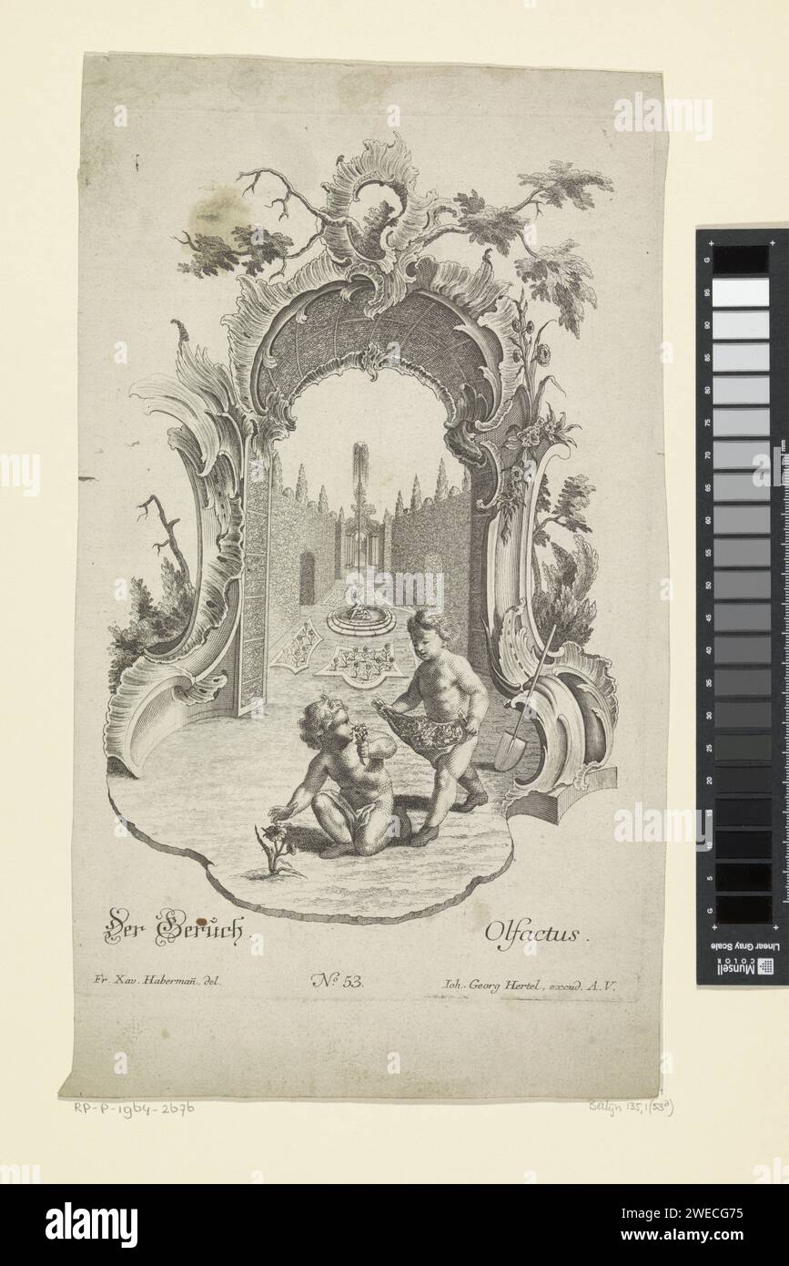 De Reuk, Anonymous, after Franz Xaver Habermann, 1731 - 1775 print Allegorical representation of the smell in rocaille frame. Two putti smell and pick flowers in a garden. Publishing number 53. Augsburg paper etching rocaille ornament. smell, smelling (one of the five senses) Stock Photo