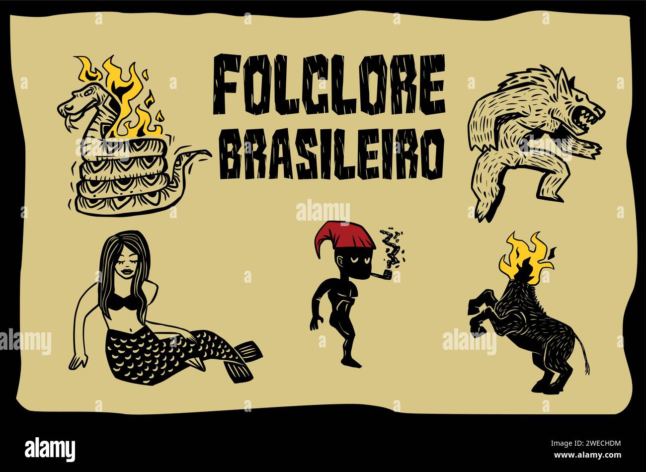Brazilian folklore characters. Vectors in woodcut style Stock Vector