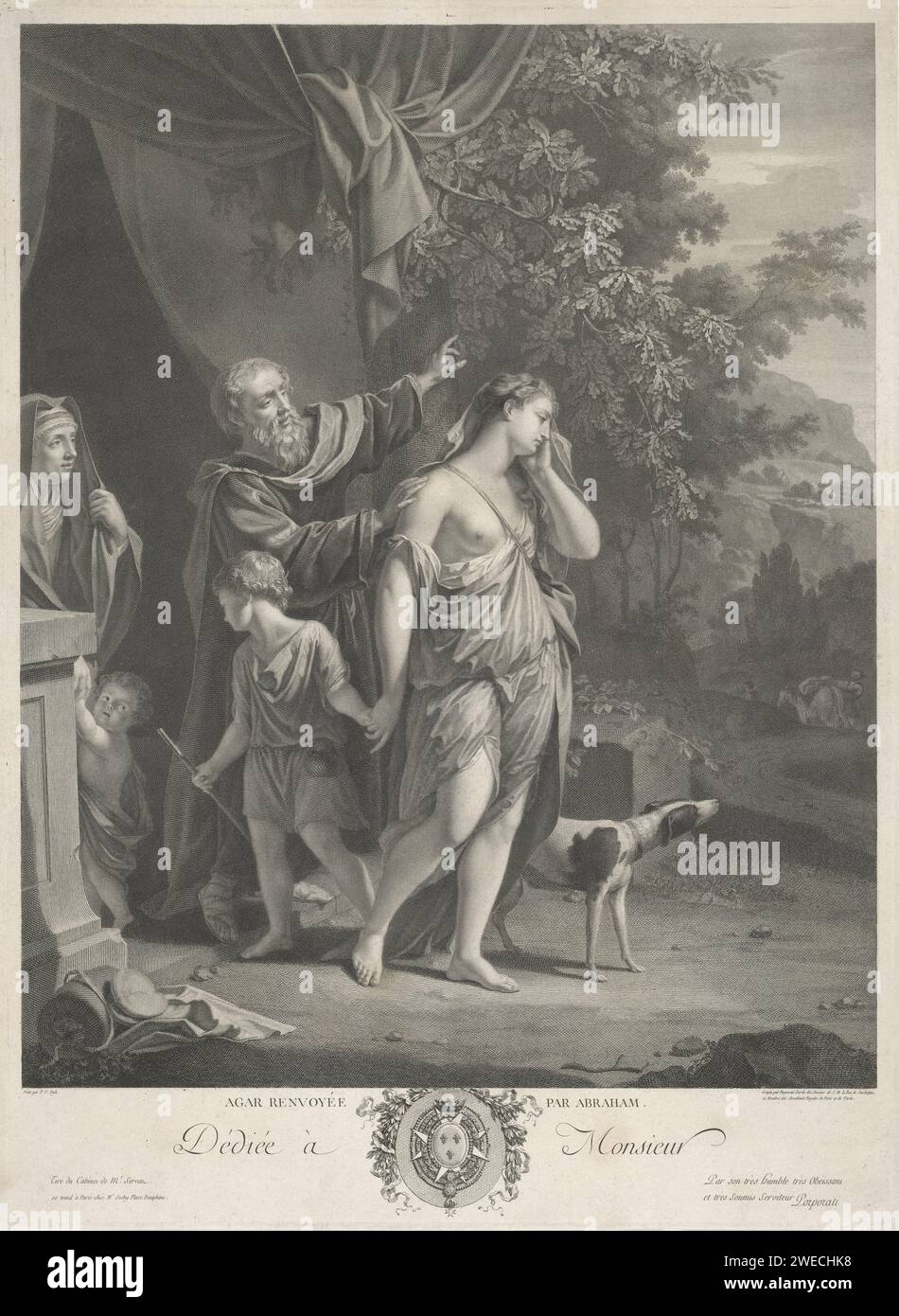 Abraham drives Hagar and Ismaël, Carlo Antonio Porporati, after Philip van Dijk, 1751 - 1816 print Abraham sends Hagar and his first son Ismaël away at the request of his wife Sara. Sara is in the doorway with the youngest son. Italy paper engraving the banishment of Hagar and Ishmael (Genesis 21:9-21) Stock Photo