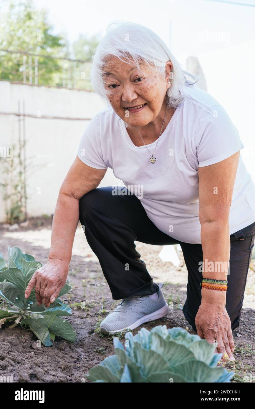 Smiling Japanese elderly woman gardening. Vertical portrait. Stock Photo