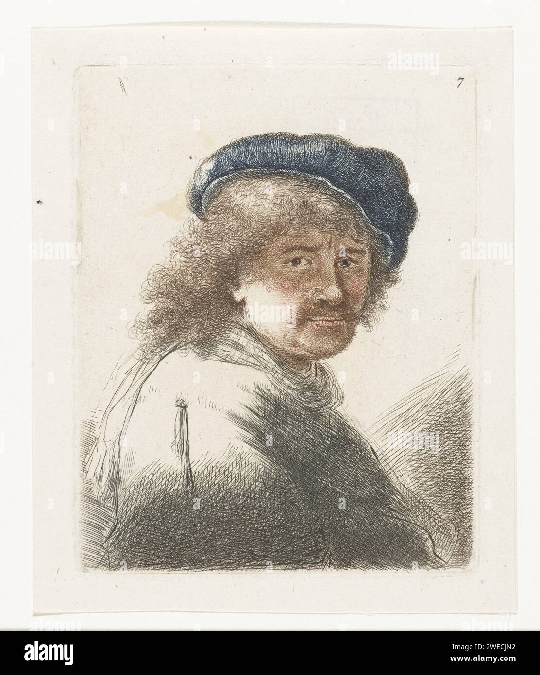 Self-portrait in a cap and scarf with the face dark: bust, Thomas Worlidge, after Rembrandt van Rijn, 1710 - 1766 print   paper etching portrait, self-portrait of graphic artist Stock Photo