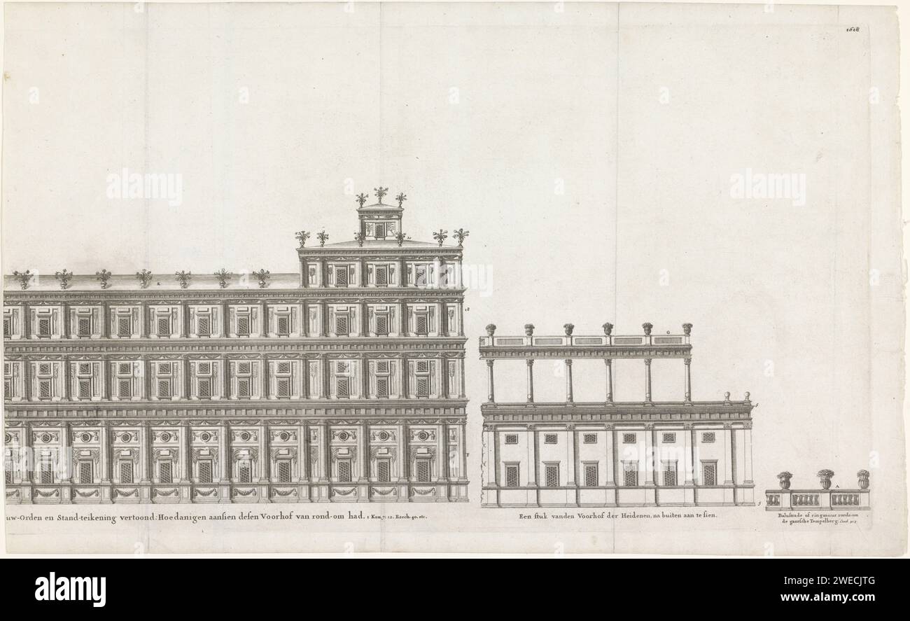 Facade of the new temple (right), Anonymous, 1618 print The right part of the facade of the new temple in Jerusalem, as it would look like according to Juan Bautista Villalpando in his book Ezechielem Explanationes, 1596. Villalpando relied on the visions of Ezekiel about the new temple in the Ezechiel Bible book. On the right the facade of the Voorhof of the Gentiles and a balustrade. Netherlands paper etching outer court of Jewish Temple, with gates and stairs. temple of Solomon (1 Kings 5-9; 2 Chronicles 2-7) Stock Photo