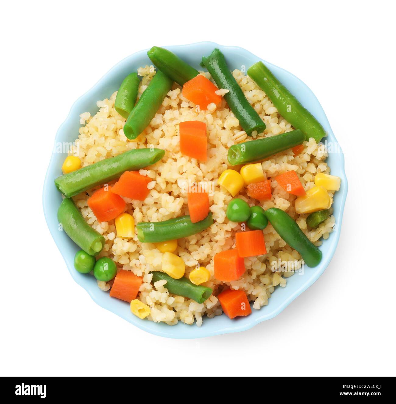 Bulgerty Eatable Delicious bulgur with vegetables in bowl isolated on white, top view ...